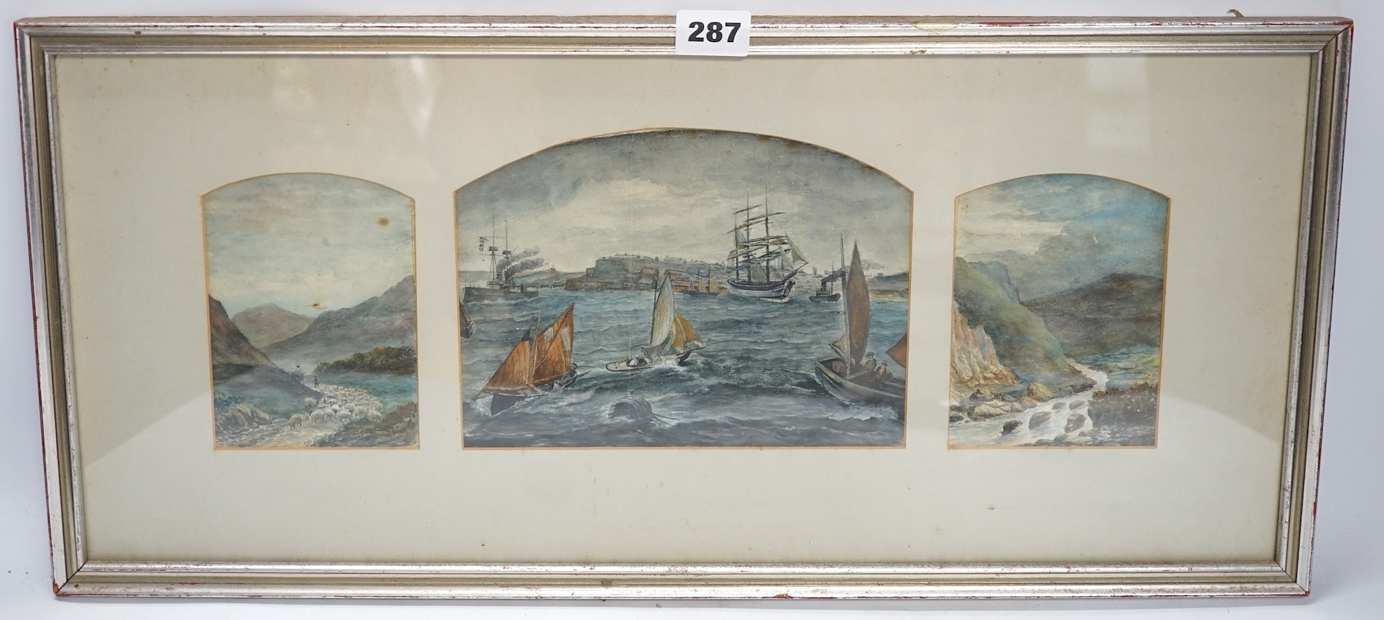 From the Studio of Fred Cuming. 19th century Naïve school, watercolour triptych, Coastal, land and riverscape, unsigned, overall 26 x 56cm. Condition - poor to fair